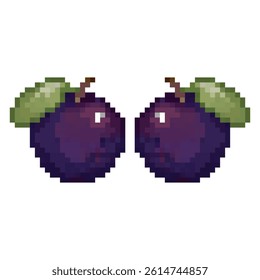 Two plum. Pixelated vector illustration. Purple fruit in pixel art. Plums pixel icon. Isolated on white background. Fruits from cubes. Vintage game style. Vibrant shades.