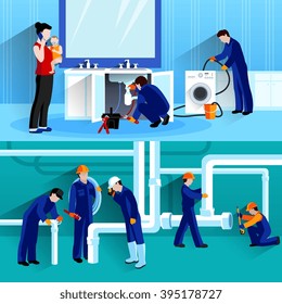 Two plumber horizontal compositions with craftsmen doing repair of pipeline in house flat vector illustration