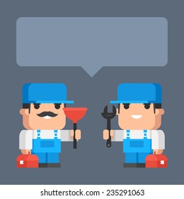 Two plumber smiling and holding tool concept