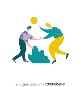 Two Plump Guys Giving Five to Each Other, Male Characters Having Fun, Human Interaction, Friendship, Teamwork, Cooperation Vector Illustration