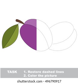 Two plums in vector colorful to be traced. Restore dashed line and color the picture. Visual game for children. Worksheet to be colored.