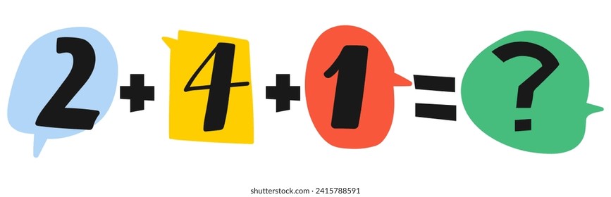 Two plus four plus one. Math problem for kids. Study mathematic. Vector illustration on white background.