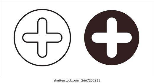 Dos iconos de signo más, uno negro y otro blanco, dentro de marcos circulares. Diseño sencillo y limpio.