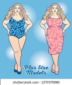 Two plus size ladies in cocktail dresses and swimsuit, vector illustration