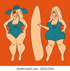 two plus size women on swimwear with board and hat