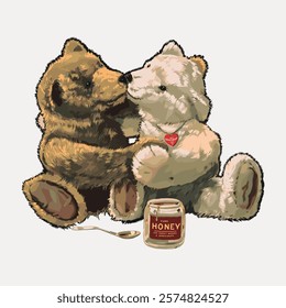 Two plush bears, brown and white, sit together with a honey jar and spoon. The bears, one brown and one white, appear cozy with a honey jar nearby. Vintage art drawing, isolated vector element.