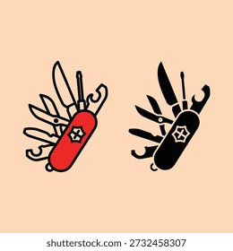 Two pocket knives with multiple tools and recycling symbol on peach background outdoor adventure and utility concept minimalist illustration style