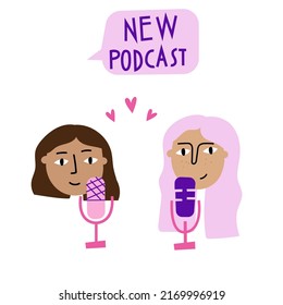 Chicas de podcast con micrófonos. Nuevo podcast. Ilustración de transmisión