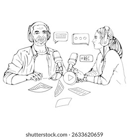 Dos podcasters van a la ilustración en vivo aislado en blanco