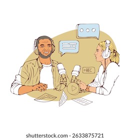 Two podcasters going live illustration in vector