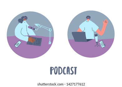 Two podcasters. Interview concept. Young man interviewing a guest in a studio for a podcast. Vector flat illustration.