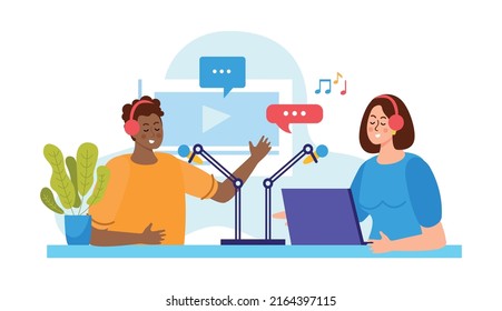 Two podcasters with microphones recording podcast in studio flat composition vector illustration
