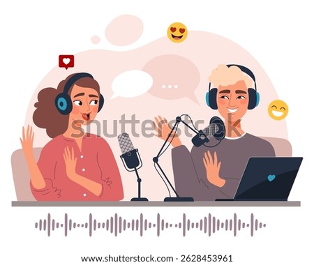 Two podcasters recording a show. Man and woman in headphones speaking into microphones, smiling and chatting in a podcast studio. Flat vector illustration