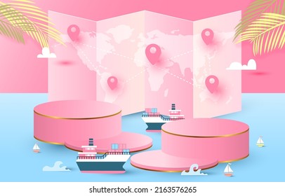 Two podium and cargo ship background map. blue background. decoration, world map, sale, cargo ship. paper cut and craft style. vector art and illustration. 