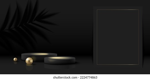 Two Podiums Composition on Black Background with Blurred Palm Leaves. Horizontal Banner for Black Friday Sale. Vector Illustration.