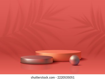 Two Podiums Composition on Red Background with Blurred Palm Leaves. Horizontal Banner. Vector Illustration.
