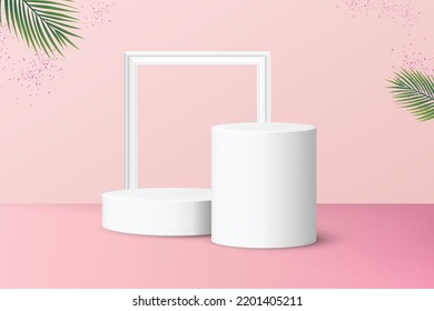 Two podiums with frame for product display isolated on pastel pink background