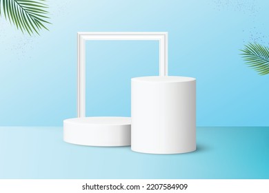 Two podiums with frame for product display isolated on pastel blue background