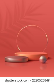 Two Podiums with Golden Ring Frame Composition on Red Background with Blurred Palm Leaves. Vertical Banner. Vector Illustration.