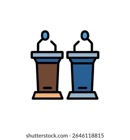 Two podiums are illustrated with a flat design style, featuring blue and brown color schemes on a White Background.