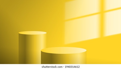 two podiums  pedestals cyliner shape yellow colors empty room sunlight effect mock up copy space vector illustration