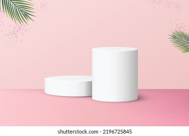 Two podiums for product display isolated on pastel pink background.