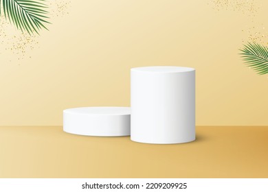 Two podiums for product display isolated on pastel yellow background