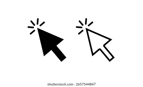 Dois cursores de ponteiro, um preto sólido e um contornado com efeitos de brilho em um plano de fundo branco