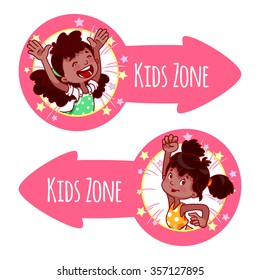 Two pointer for "Kids Zone" in the form of pink arrows. Banners with portraits of happy children. Vector clip-art illustration on a white background.