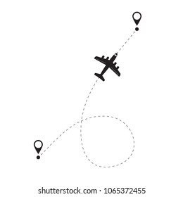 Two Pointers, Placeholders With A Path And Plane, Flight Path And Airplane, Track. Vector Black And White Illustration.