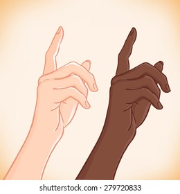 Two pointing hands. Caucasian and African American female hands showing something with forefinger. Vector illustration.