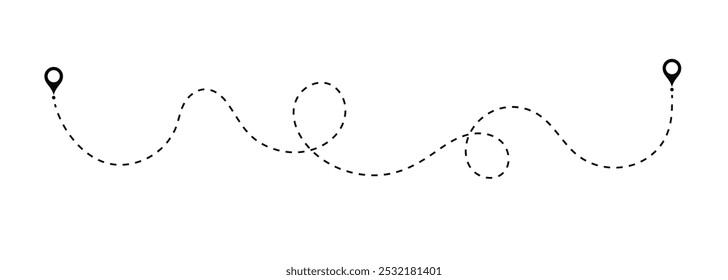 two points with dotted path and location pin. Route location icon two pin sign and dotted line. Route icon between two points with dotted path and location pin.