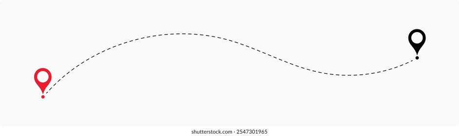 two points with dotted path and location pin. Route location icon  two pin sign and dotted line. Dot line path route travel banner illustration with location map pin icon for destination. 