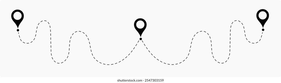 two points with dotted path and location pin. Route location icon  two pin sign and dotted line. Dot line path route travel banner illustration with location map pin icon for destination.