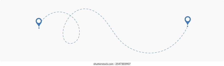 two points with dotted path and location pin. Route location icon  two pin sign and dotted line. Dot line path route travel banner illustration with location map pin icon for destination.