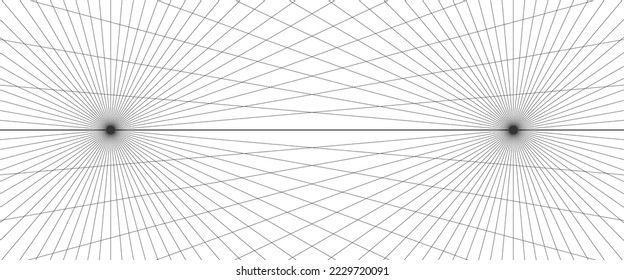 Two points perspective grid background. Abstract grid line backdrop. Drawing perspective mesh template. Vector illustration isolated on white background.