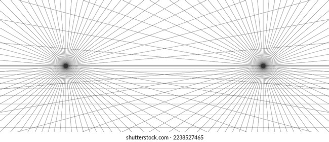 Two points perspective grid background. Abstract grid line backdrop. Drawing perspective mesh template. Vector illustration isolated on white background.