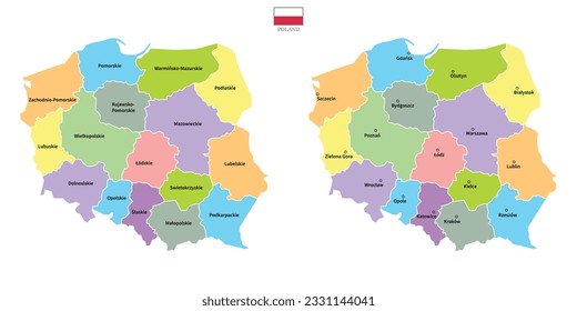 Zwei Polen bildet den Hintergrund mit Regionen, regionalen Namen und Städten in Farbe, Flagge. Polnische Karte einzeln auf weißem Hintergrund. Vektorgrafik Europa