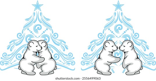 Two polar baby bears hugging near a Christmas tree. Vector