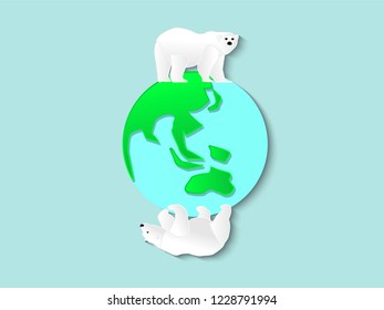 Two polar bear around the earth paper cut style,illustration vector
