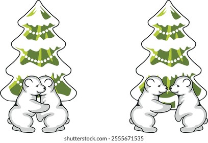 Two polar bear cubs hugging near a Christmas tree. Vector