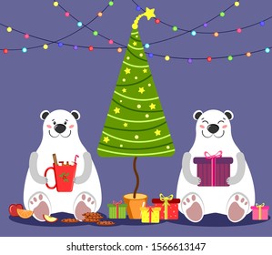 Two Polar bear are sitting by the Christmas tree with cup of hot chocolate and gift box. Vector illustration for catd, poster, decor or print.