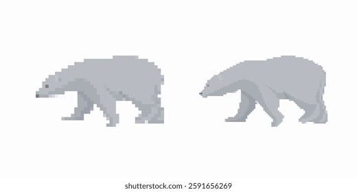 Two polar bears are depicted in pixel art style. both bears are shown walking with detailed features.