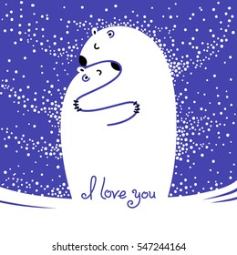 Two polar bears hugging each other. Greeting card with the inscription I love you. Vector illustration.