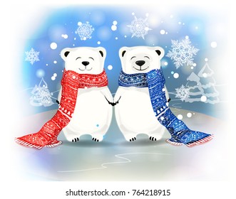 two polar bears on blue background with beautiful snowflakes.Vector cartoon character,Christmas greeting card.New-year theme