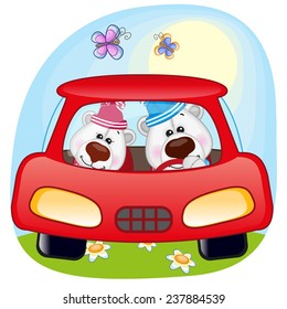 Two Polar Bears is sitting in a car 