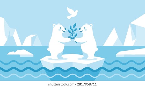 Two polar bears standing on ice floe, blue arctic landscape with mountains and bird, climate change awareness concept.