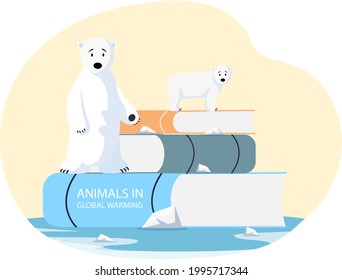 Two polar bears are very sad about climate change and global warming. Animals during global warming concept. Polar bears stand on stack of books about climate and weather. Animals suffer from heat