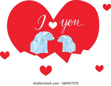 Two polar white bears sitting on ice and looking each other with love. Polygonal art. Valentine's day card with lettering I love you. Vector