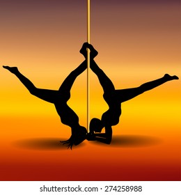 Two Pole dancers with long and short hair  on the pole  on the yellow & red background.Stand on the elbows. Vector illustration